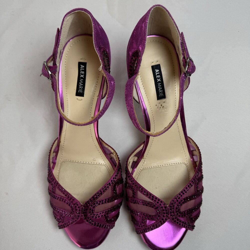 Alex Marie Fuchsia Metallic Rhinestone Mesh Ankle Strap Heels Women’s 8M New